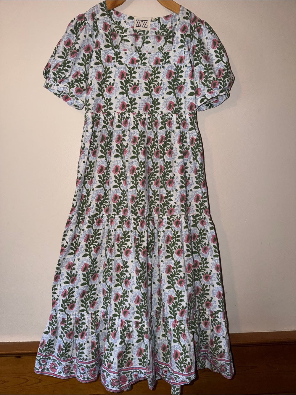 SZ Blockprints Divya Midi Dress in Essa Print Moss & Faded Rose Size S - Picture 2 of 6